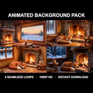 4-loopars animerat bakgrundspaket, mysigt regnigt eldstadsstuga-streampaket för Twitch VTuber OBS · 1080p MP4