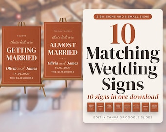 Wedding Sign Bundle, 10 Matching Editable Templates, Welcome Sign, Rehearsal Dinner, Cards and Gifts, Guest Book, Canva and Google Slides