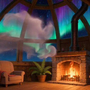 Fundo animado mágico com lareira e aurora boreal para transmissões de VTubers · 1080p MP4 imagem 2