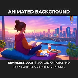 Op de afbeelding: Geanimeerde achtergrondafbeelding van een persoon die leest op een dak met een skyline van de stad bij zonsondergang. De afbeelding bevat de tekst "ANIMATED BACKGROUND" en "SEAMLESS LOOP | NO AUDIO | 1080P HD FOR TWITCH & VTUBER STREAMS."