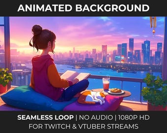 Lofi Girl Animated Stream Background: City Sunset Reading Loop (1080p Digital Download