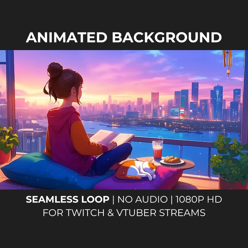 Op de afbeelding: Geanimeerde achtergrondafbeelding van een persoon die leest op een dak met een skyline van de stad bij zonsondergang. De afbeelding bevat de tekst "ANIMATED BACKGROUND" en "SEAMLESS LOOP | NO AUDIO | 1080P HD FOR TWITCH & VTUBER STREAMS."