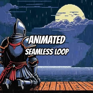 Könnte beinhalten: Eine Pixel-Art-Illustration eines Ritters in dunkler Rüstung, der auf einem Holzsteg kniet und auf einen großen gelben Mond über einem regnerischen Meer blickt. Der Text ANIMATED SEAMLESS LOOP steht in weißen Buchstaben über dem Rücken.