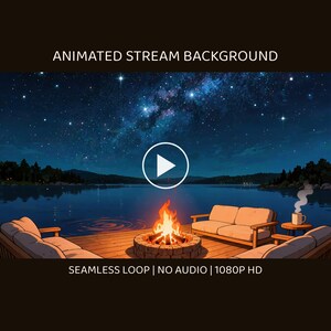 Cozy Lakeside Campfire Under Starry Night Video Background for Relaxation · 4K + 1080p MP4 image 1
