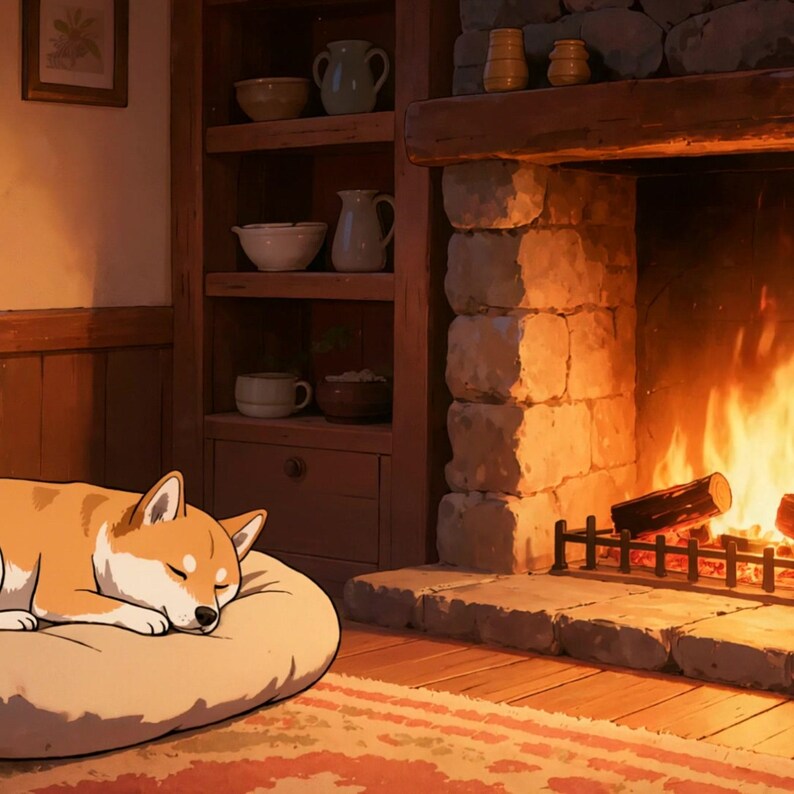 Fondo de pantalla animado de Shiba Inu durmiendo junto a la chimenea para sesiones de estudio · 1080p MP4 imagen 2