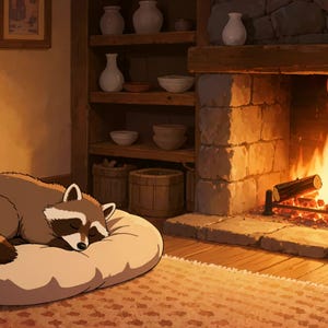 Cozy Raccoon Fireplace Sleeping Live Wallpaper for Focus and Study · 1080p MP4 image 2