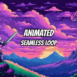May include: A pixel art landscape featuring a knight holding a glowing sword, set against a vibrant purple and orange sunset sky with mountains and clouds. The text ANIMATED SEAMLESS LOOP is centered in bold black letters over the scenery.
