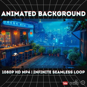 Rainy Rooftop Bar City Skyline Loop | 1080p Seamless Animated Overlay for Twitch, OBS, YouTube & Zoom VTuber