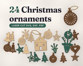 Christmas Ornament SVG Laser Cut Files, 24 Gingerbread Reindeer Bauble Bell Designs, DXF and PDF Formats, 75 mm and 100 mm Wood or Cardstock