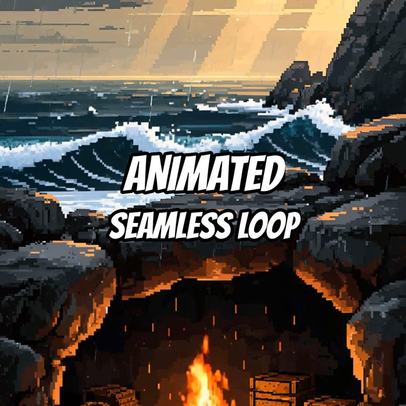 Cozy Cave Campfire Stormy Coast Animated Background for Streaming · 1080p MP4 image 1