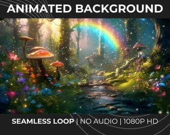 Magical Forest Animated Background Loop: Rainbow Mushroom VTuber Overlay (1080p Digital Download