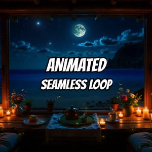 May include: A night scene viewed through a window showing a full moon over a dark sea. On a wooden table, there are potted flowers, lit candles, a teapot on a tray, and a cup. The text ANIMATED SEAMLESS LOOP is centred in the middle of the image.