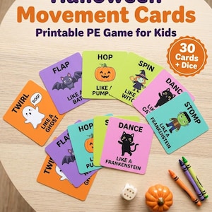Puede incluir: Un conjunto de tarjetas de movimiento de Halloween con cuadrados coloridos que ilustran un fantasma, un murciélago, una calabaza, una bruja, un gato y Frankenstein. Las tarjetas incluyen textos como Twirl, Flap, Hop, Spin, Dance y Stomp. Se incluyen un dado pequeño y una calabaza de plástico.