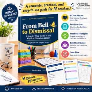May include: A teacher's handbook titled From Bell to Dismissal, a step-by-step guide to the physical education lesson. The cover features a blue background with yellow text, a bell icon, and a stack of colorful blocks labeled Plan, Teach, Assess, Motivate, and Succeed. Includes printable PDF lesson plan forms, observation sheets, and assessment rubrics.