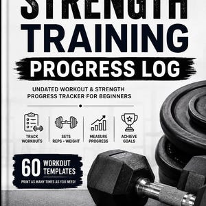 Op de afbeelding: Een witte boekomslag met de titel EduFitHub Strength Training Progress Log. De omslag bevat zwarte tekst, een zwarte halter en zwarte gewichtsschijven. Iconen staan voor het bijhouden van workouts, sets, herhalingen, gewicht, voortgang en doelen.