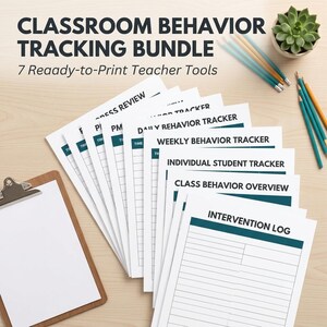 May include: A classroom behavior tracking bundle featuring seven ready-to-print teacher tools on white paper. The documents include an intervention log, class behavior overview, individual student tracker, weekly behavior tracker, and daily behavior tracker.