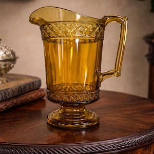 EAPG (Early American Pattern Glass) Amber Pedistal Pitcher-Adams & Co 1870-1900-Victorian Elegance