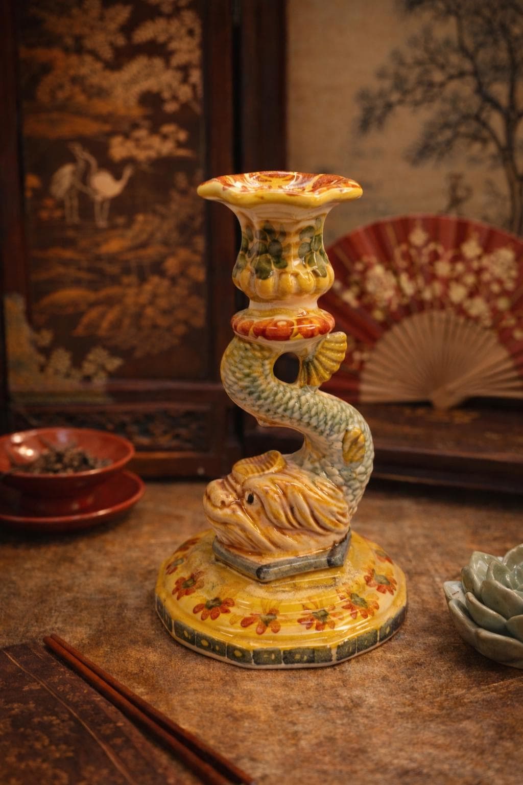 Italian Majolica Fish Candlestick-hand Painted Koi Candle Holder