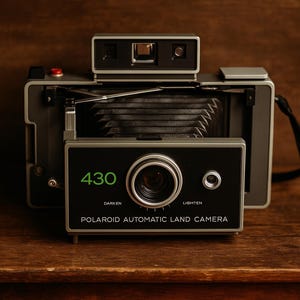 May include: A vintage Polaroid Automatic Land Camera, model 430, in a black and silver finish. The camera has a prominent lens, a viewfinder, and a black bellows. The text "430" is in green, and the text "Polaroid Automatic Land Camera" is in white.