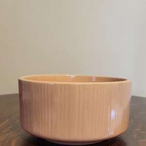 May include: A peach-colored ceramic bowl with vertical ribbed detailing. The bowl has a rounded base and a wide, open top. The interior is smooth, while the exterior features a textured, ridged pattern. The bowl is sitting on a dark wooden surface.