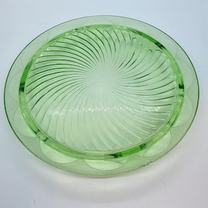 Vintage Green Depression Glass Cake Plate-10&quot; Swirl Pattern Uranium Glass