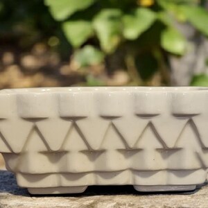 May include: A white ceramic rectangular planter with a geometric design. The planter has a scalloped edge and a textured surface.