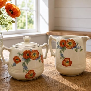 May include: Cream-colored ceramic sugar bowl with lid and creamer pitcher, both adorned with orange poppy floral designs and blue accents. The sugar bowl has two handles and a silver trim. The creamer has a single handle and a spout. The set is on a wooden table.