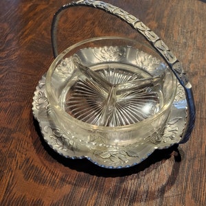 Vintage aluminum carrier with handle and glass dish