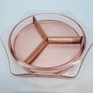 Vintage Hexagon Pink Depression Glass Divided Relish Dish- Mid Century Collectible