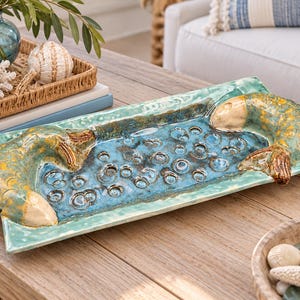 Hand Made Art Pottery Fish Plate-Turquoise Blue Glazed Pottery-Coastal Home Decor