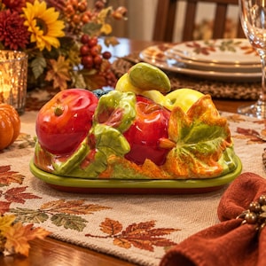 May include: A ceramic butter dish featuring a sculpted lid shaped like a cluster of red apples, green pears, and autumn leaves. The base is an oval-shaped olive green tray. The glossy finish highlights the vibrant colors of the fruit and foliage.