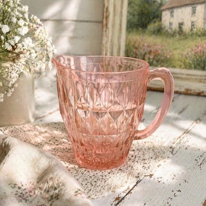 Pink "Windsor Diamond" Pitcher by Jeannette Glass- Mid Century Beverage Server
