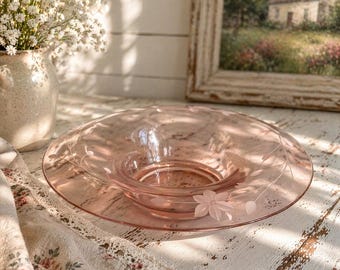 1930's Pink Depression Glass  Console Bowl with Etched Floral Pattern-Art Deco Centerpiece