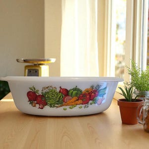 Vintage Glasbake Ovenware Casserole Dish J235 with &quot;Vegetable Garden&quot; Decal-1960&#39;s Milkglass