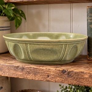 May include: A round, sage green ceramic mixing bowl with a speckled finish and a decorative exterior featuring vertical ridges and recessed oval indentations along the sides. The bowl has a wide, open top and a smooth, slightly glossy glaze.