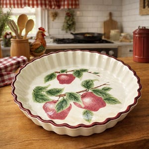May include: A cream-colored pie dish with a scalloped edge and a painted apple design. The dish features a red rim and a fluted exterior. The apple branches have green leaves and red apples. The dish is on a wooden surface.