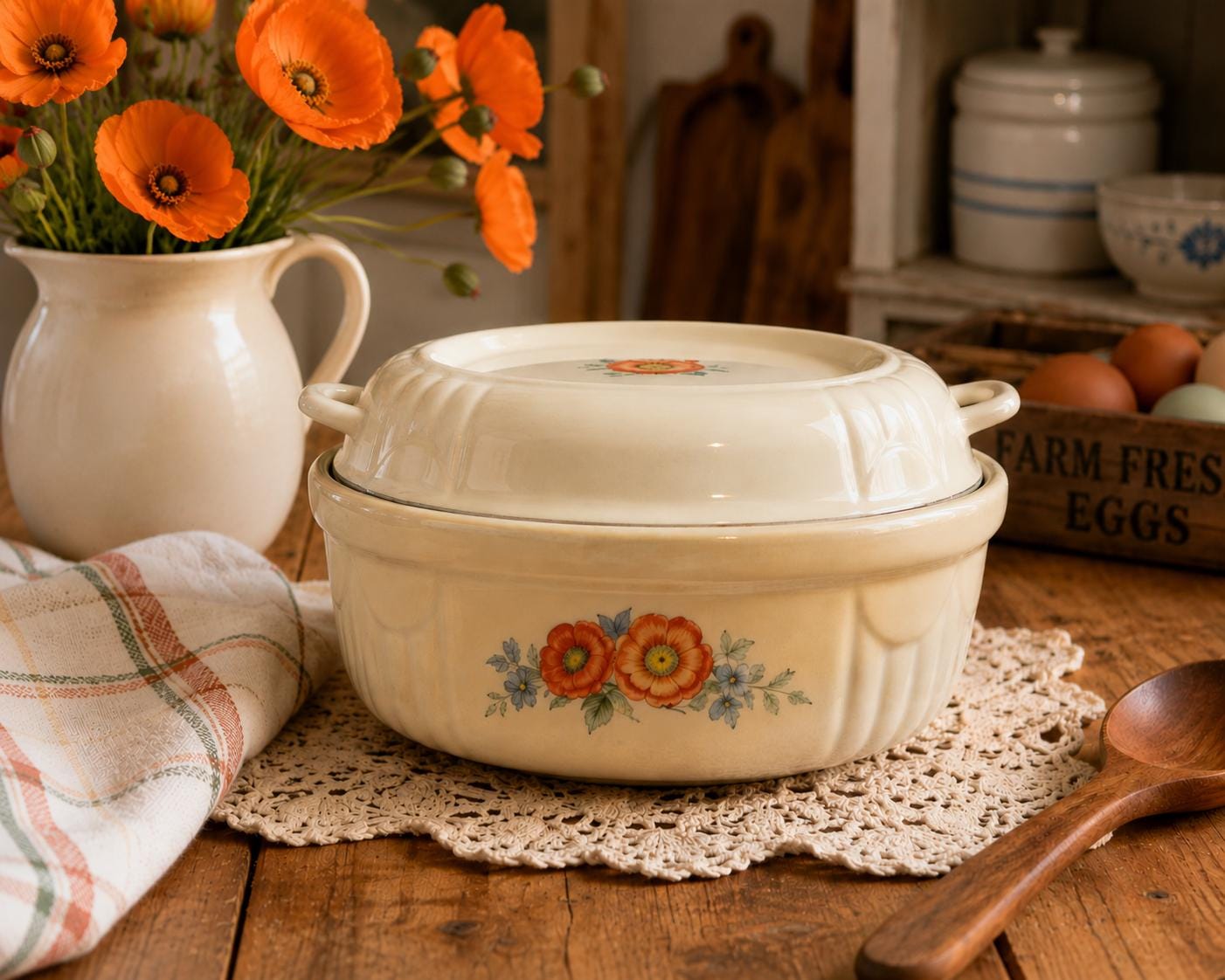 Vintage 1940's Hall China Covered Casserole Dish-orange Poppy