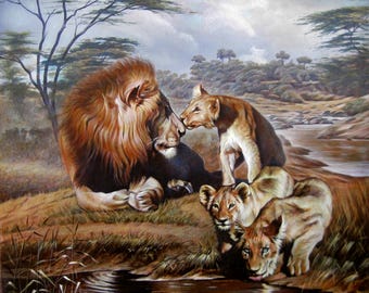 Lion Family Oil Painting on Canvas, African Safari Landscape Art