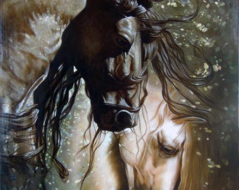 May include: A painting of two horses, one black and one white, with their heads close together. The black horse has a long mane and tail, and the white horse has a shorter mane and tail. The background is a blur of green and brown.