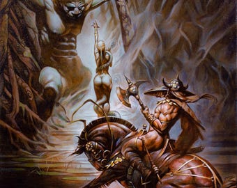 May include: A fantasy illustration depicting a warrior on horseback wielding an axe, confronting a monstrous creature and a female figure in a forest setting. The scene is painted in a dark, dramatic style with rich browns, greens, and blues.