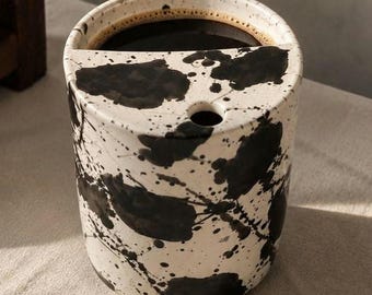 Ceramic Travel Tumbler, Black and White Pottery Travel Mug, To go Coffee cup