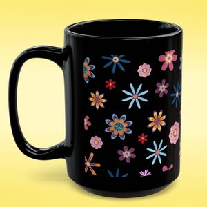 Cute Floral Mug, Black Coffee Cup, Flower Pattern Tea Mug, Unique Floral Kitchen Gift, Pretty Floral Coffee Mug, Kawaii Flowers