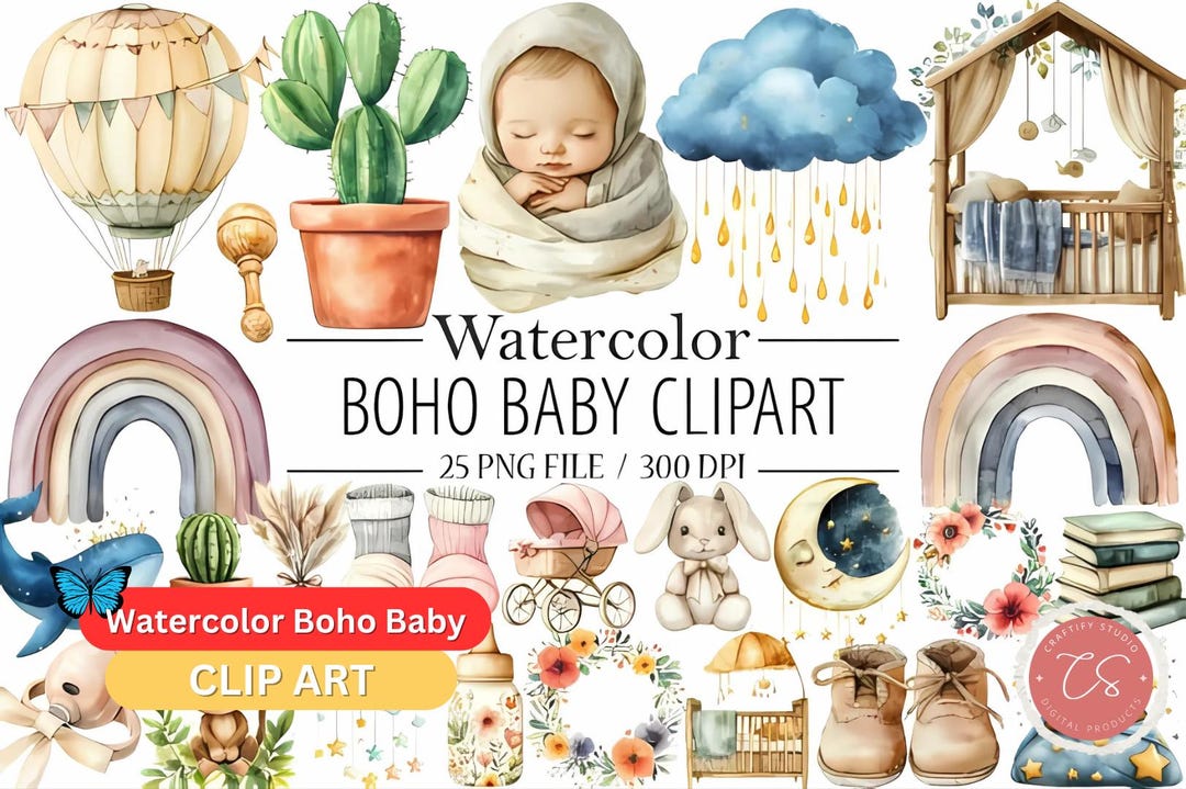 Watercolor Boho Baby Clipart – Cute Neutral Nursery Elements PNG Bundle ...