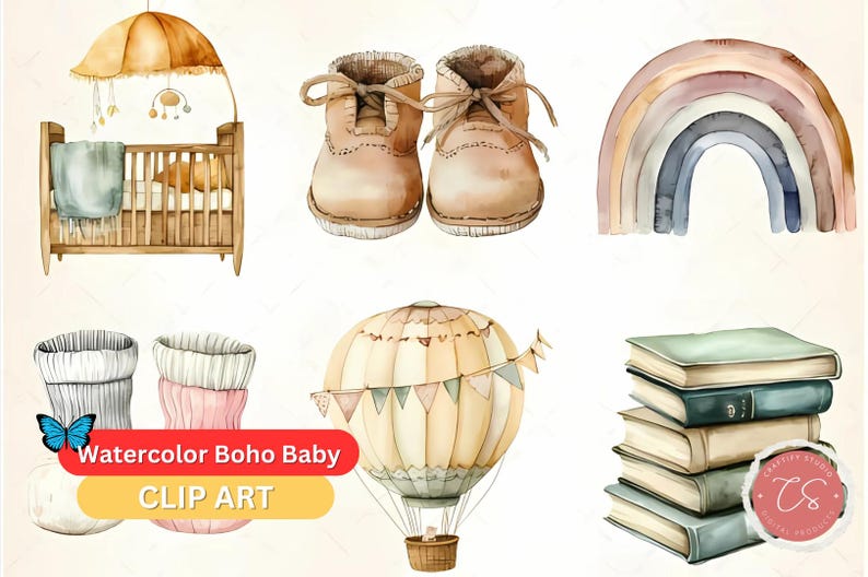 Watercolor Boho Baby Clipart – Cute Neutral Nursery Elements PNG Bundle ...