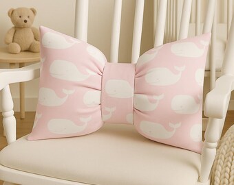 Pink Whale Bow Throw Pillow with Pillow Insert
