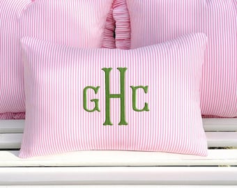 Monogram Pink & White Stripe Throw Pillow with Pillow Insert