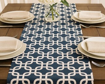 Navy Gotcha Geometric Runner: Custom Size, Dinner, Party, Wedding, Runner, Throw Pillow, Napkins, Curtains