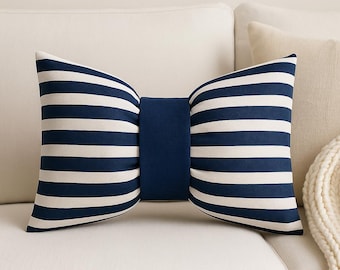 Navy Stripe Bow Throw Pillow with Strap: 12x16 Hypoallergenic Insert