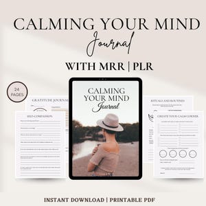 Puede incluir: Una descarga digital de un diario PDF imprimible con 24 páginas para ayudarte a calmar tu mente. El diario incluye secciones para la gratitud, la compasión por ti mismo, los rituales y las rutinas, y la creación de un rincón tranquilo. La portada presenta a una mujer con un sombrero frente a una escena de playa.