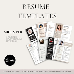 Resume Templates | 20 Professional CV Canva Templates | PLR, MRR | Plr digital Product | Master Resell Rights | Modern Resume | Done for You